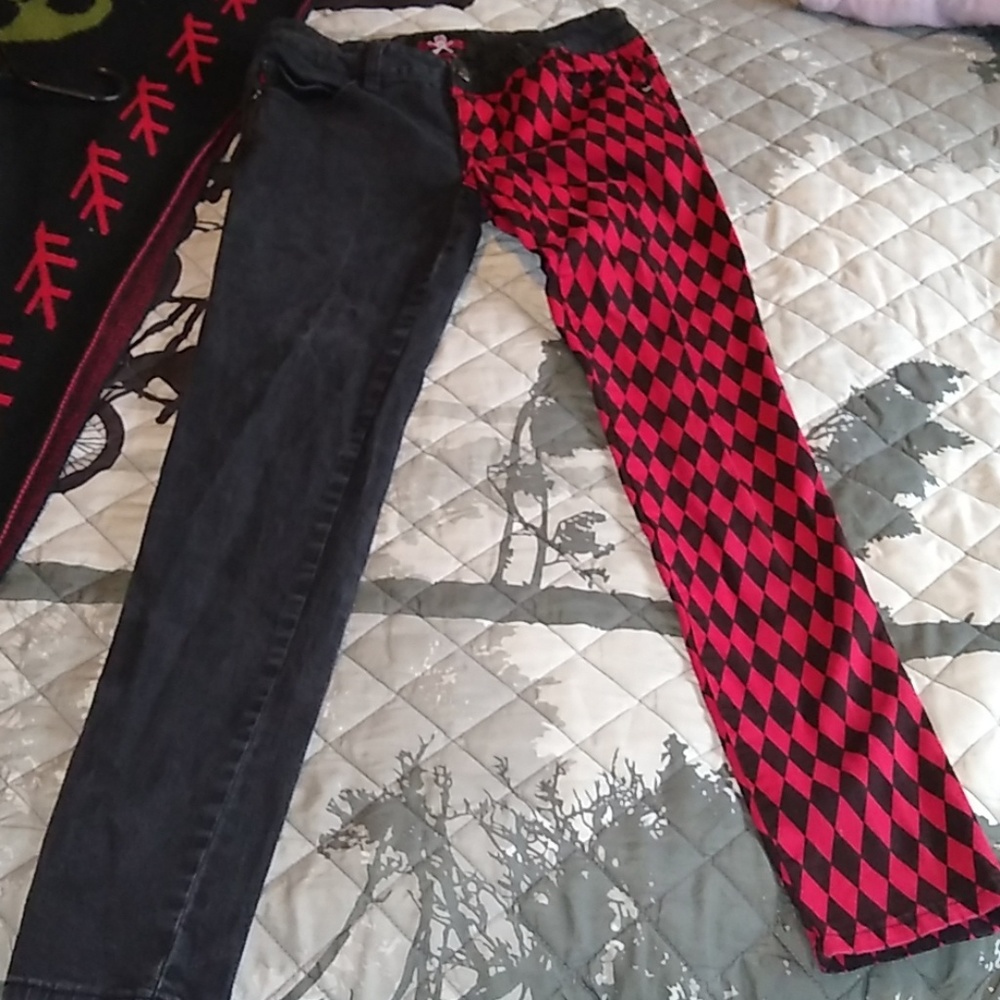 Royal bones black and red diamond split jeans